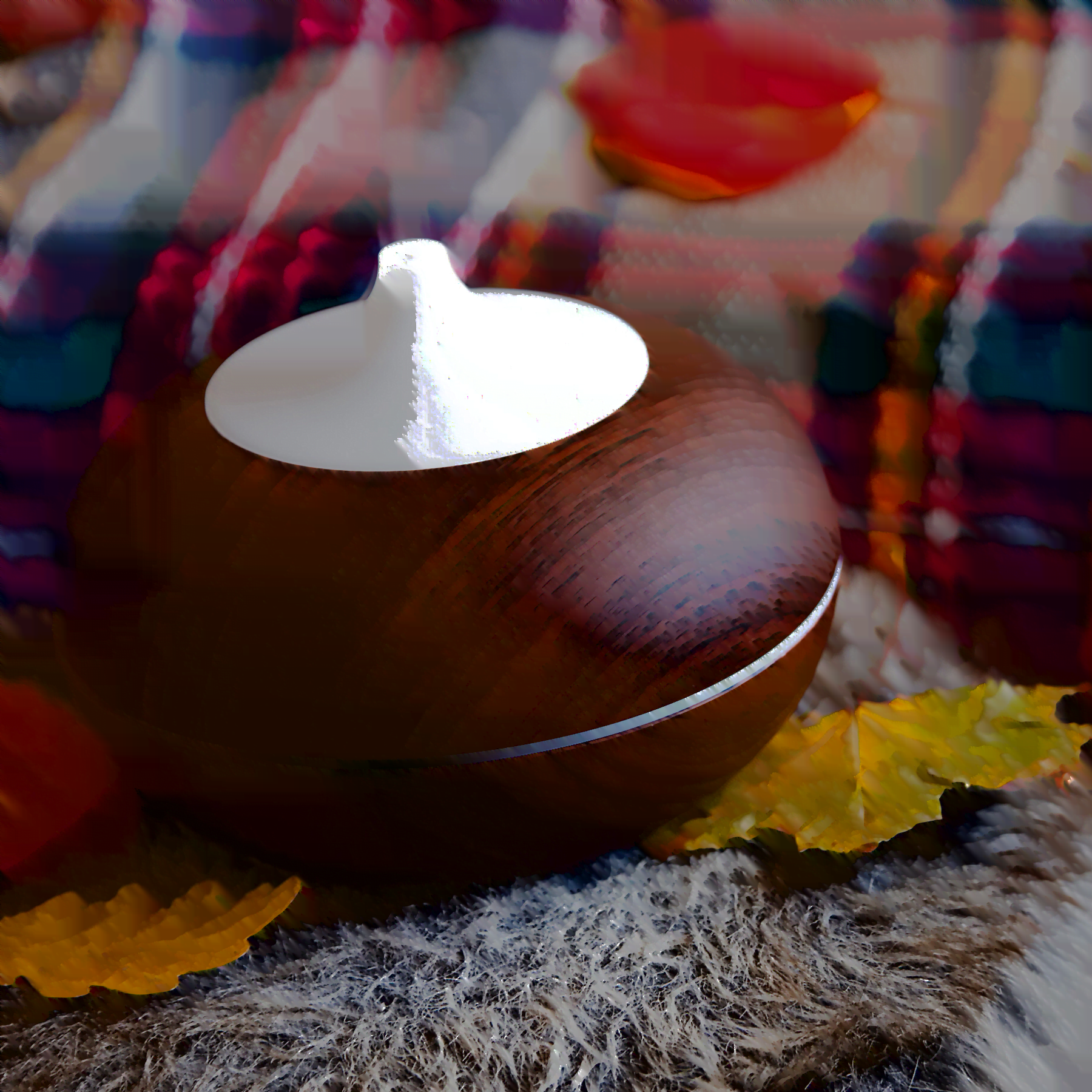 white and dark wood essential oil diffuser sitting on an end table covered with a furry blanket and autumn leaves, with a plaid blanket in the backround